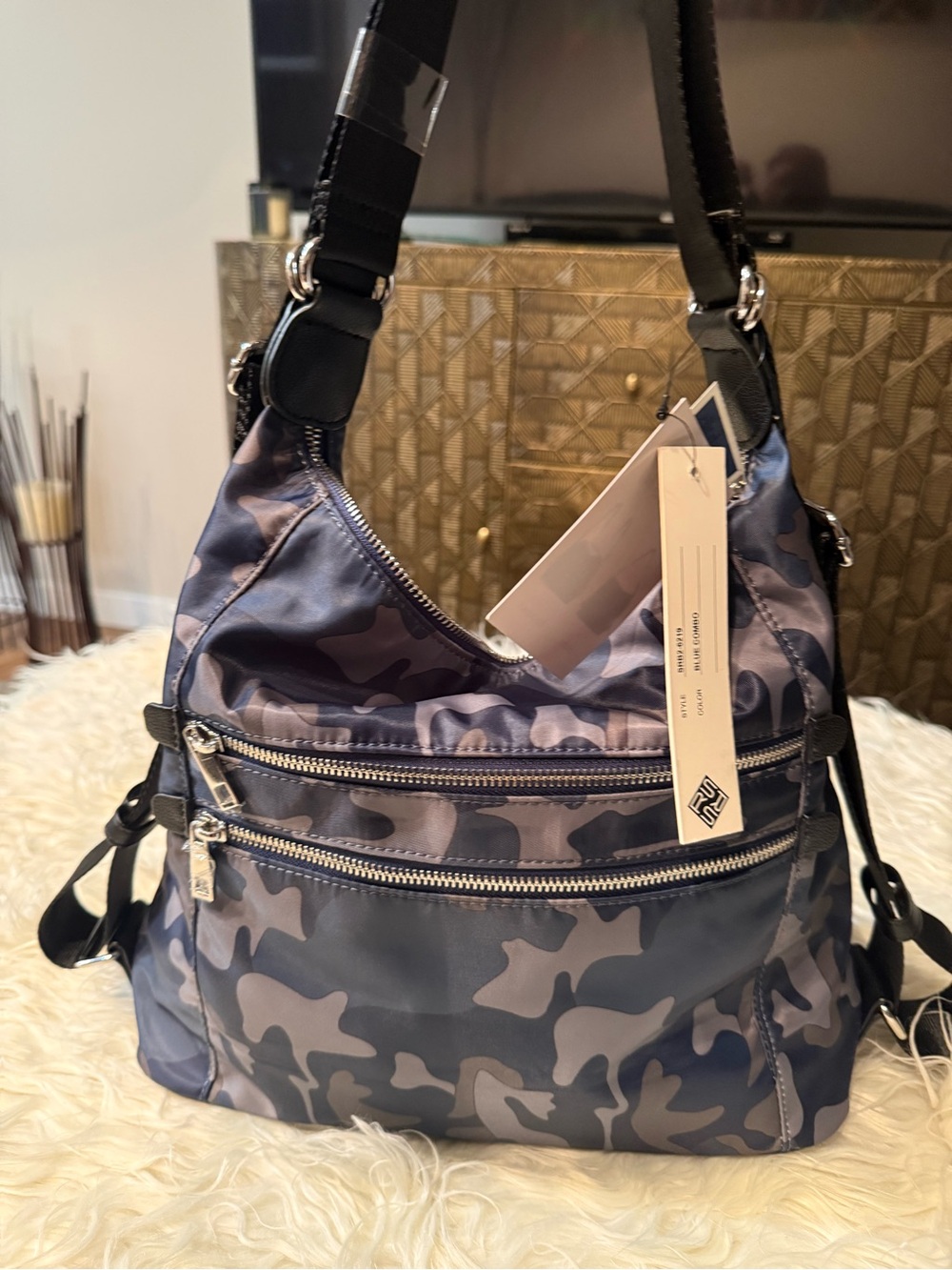 Sondra Roberts Blue and Gray Camo Nylon Shoulder Bag